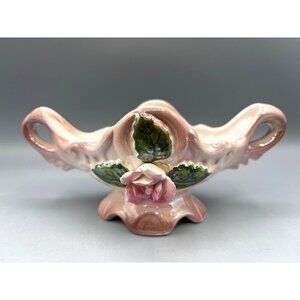 Vintage Ceramic Pink Floral Double Handled Dish Planter Trinket Made In Japan